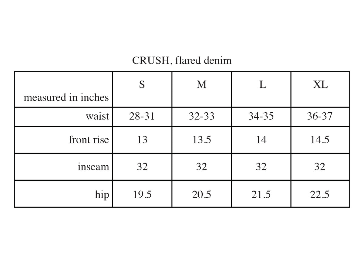 CRUSH, FLARED BLOWOUT DENIM size chart